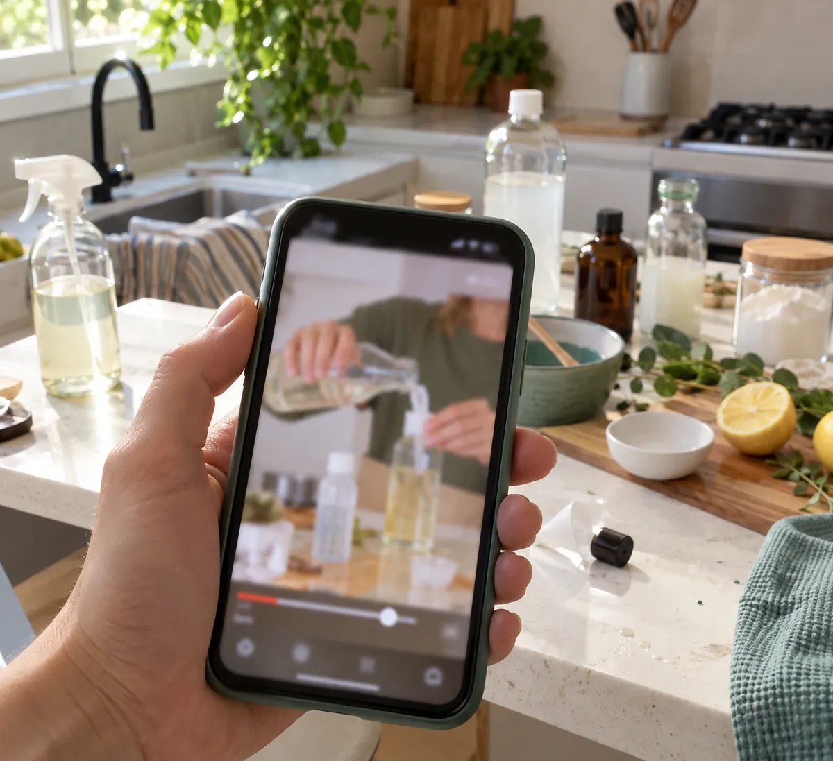 Mão segurando um celular com vídeo borrado na cozinha. Imagem ilustrativa