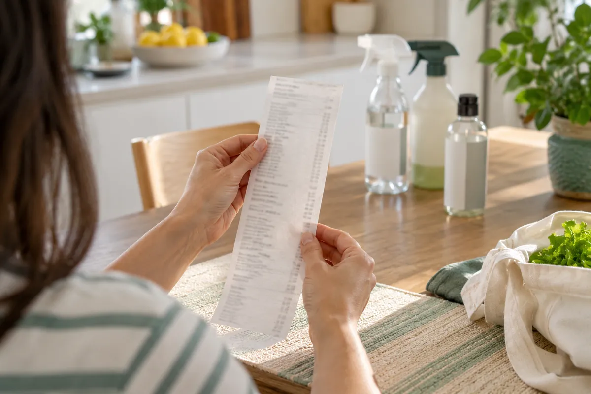 Mãos segurando uma nota fiscal comprida sobre a mesa da cozinha. Imagem ilustrativa
