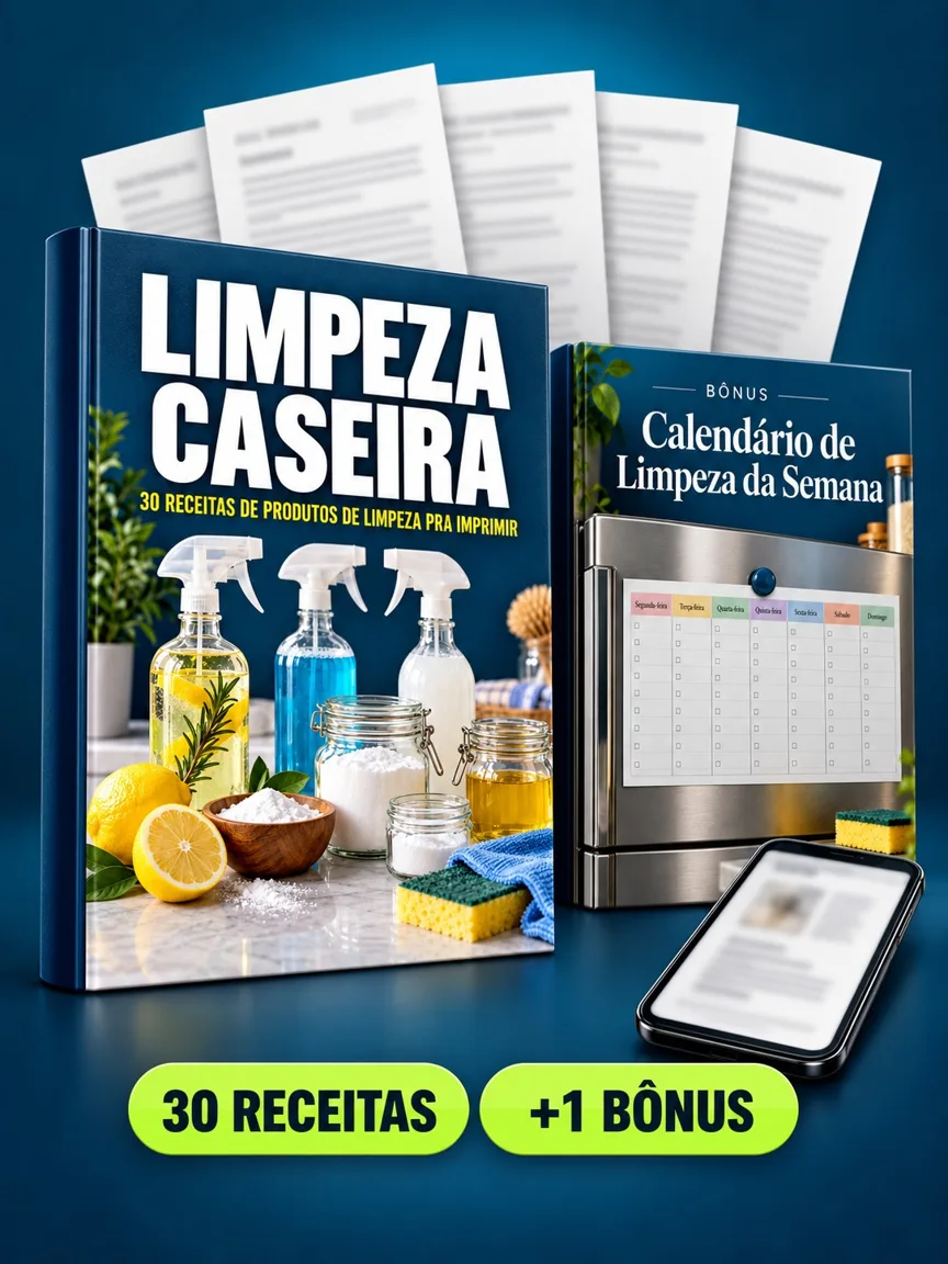 Montagem ilustrativa do Limpeza Caseira: livro com a capa, páginas do material e celular e capas dos bônus