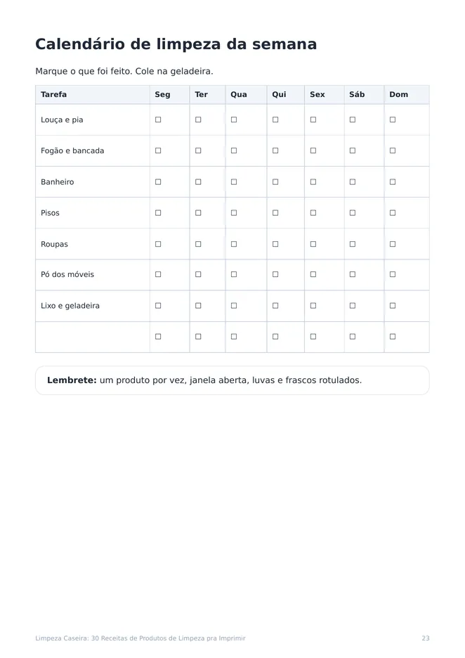 Página real do PDF Limpeza Caseira: calendário de limpeza da semana
