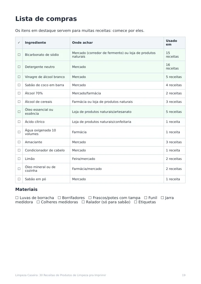 Página real do PDF Limpeza Caseira: lista de compras