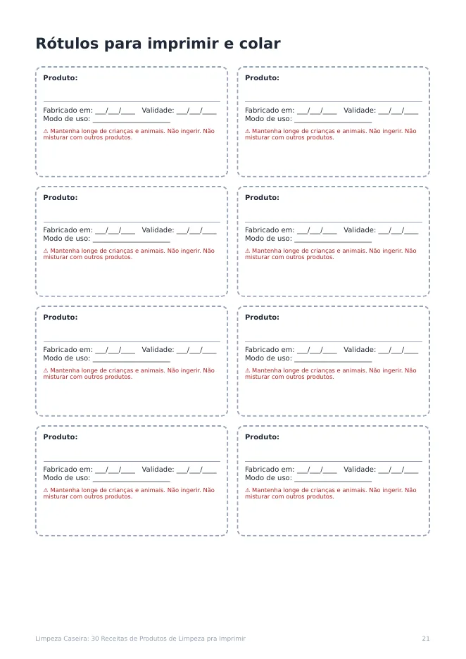 Página real do PDF Limpeza Caseira: folha de rótulos